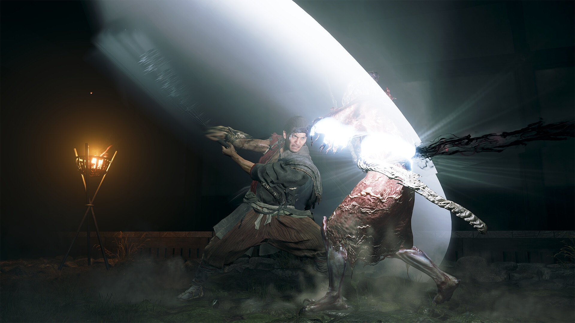 Musashi parrying a Genma's bone-bladed arm, a wide white sword arc between them and a lit brazier burning at the left of a night courtyard.