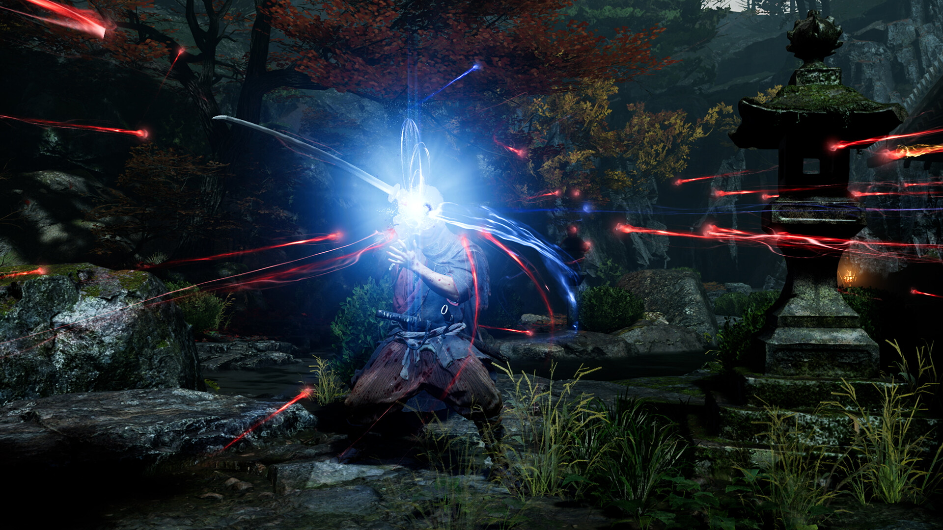 A blue Oni Armament energy blade mid-swing with red soul trails, framed by autumn maples and a stone lantern.